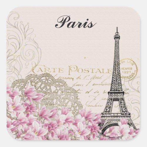 Paris Eiffel Tower France Vintage Pink Flowers Square Sticker