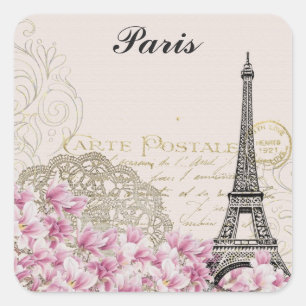 Paris Eiffel Tower France Vintage Pink Flowers Square Sticker