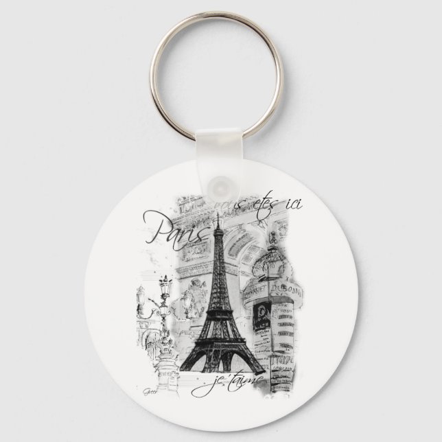 Paris Eiffel Tower French Scene Collage Keychain (Front)