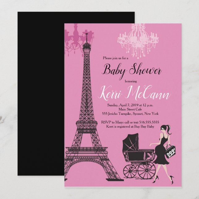 Paris Eiffel Tower Girls Pink Baby Shower Invitation (Front/Back)