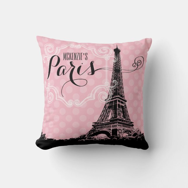 Paris Eiffel Tower Girly Pink Monogrammed Throw Pillow (Front)