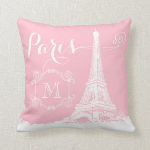 Paris Eiffel Tower Girly Pink White Monogrammed Throw Pillow