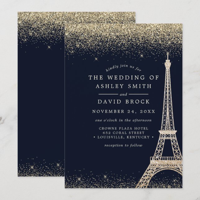 Paris Eiffel Tower Gold Confetti Navy Blue Wedding Invitation (Front/Back)