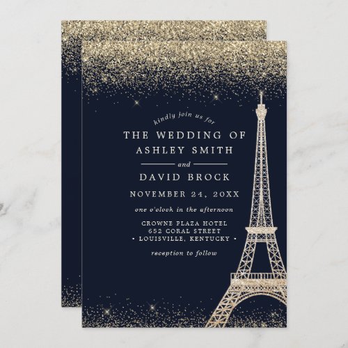 Wedding Invitations 10 Paris Eiffel Tower Gold Confetti Navy Blue Wedding Invitation