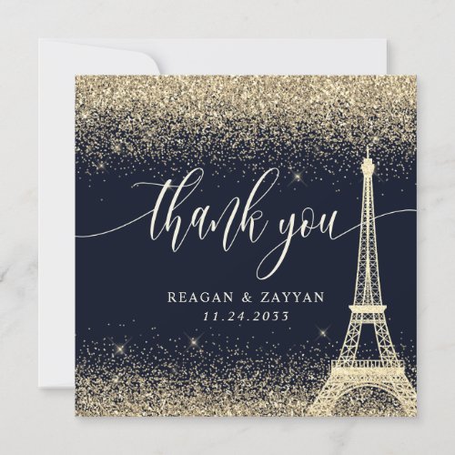 Paris Eiffel Tower Gold Glitter Wedding Thank You Card