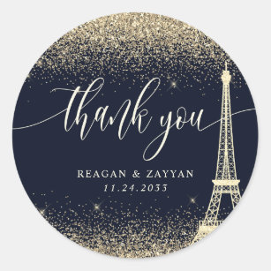 Paris Eiffel Tower Gold Glitter Wedding Thank You Classic Round Sticker