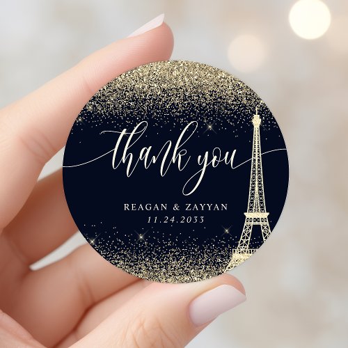 Paris Eiffel Tower Gold Glitter Wedding Thank You Classic Round Sticker