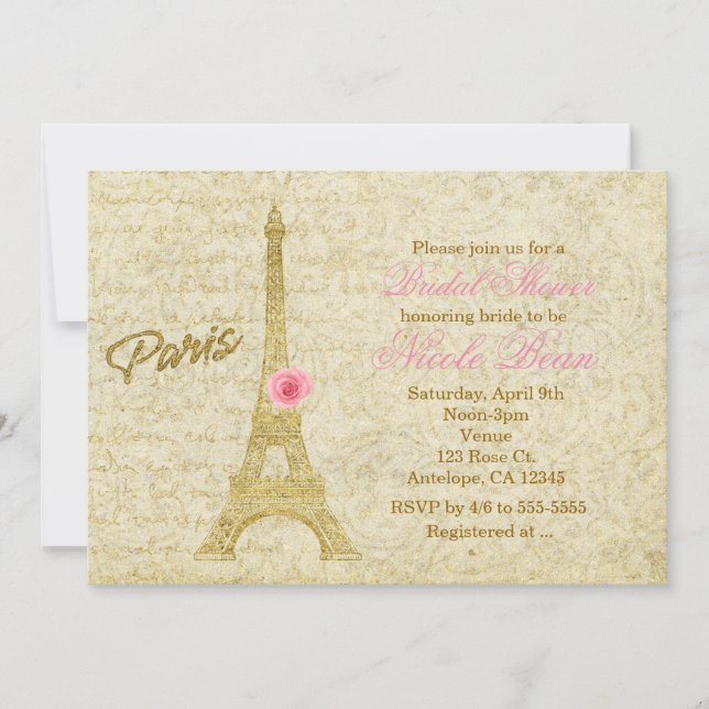 Paris Eiffel Tower Gold & Pink Elegant Invitations (Front)