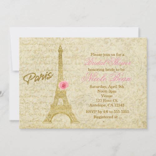 Paris Eiffel Tower Gold  Pink Elegant Invitations