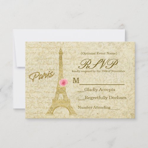 Paris Eiffel Tower Gold  Pink Elegant RSVP Card