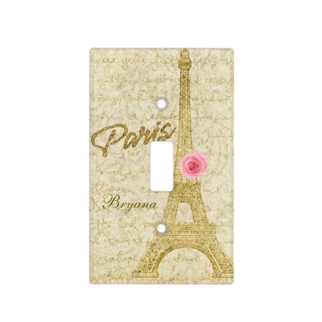 Paris Eiffel Tower Gold & Pink Glamour Light Switch Cover (Front)