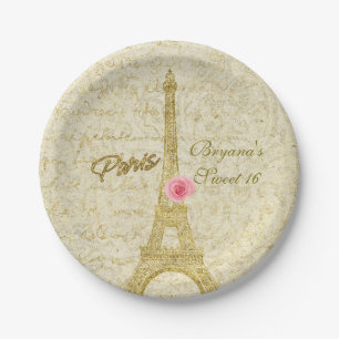 Paris Eiffel Tower Gold & Pink Glamour Party Paper Plates
