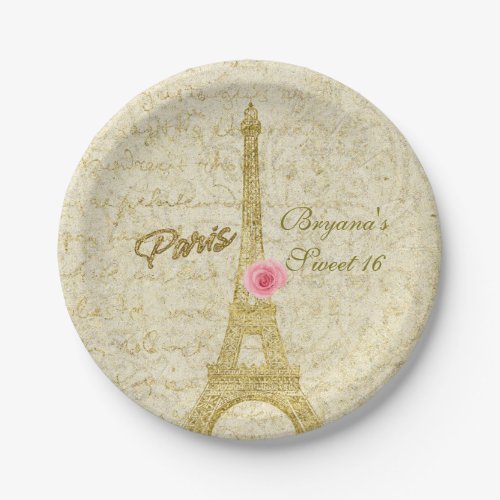 Paris Eiffel Tower Gold  Pink Glamour Party Paper Plates