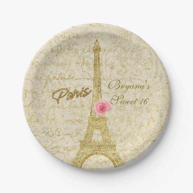 Paris Eiffel Tower Gold & Pink Glamour Party Paper Plates (Front)