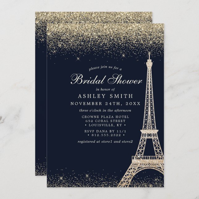 Paris Eiffel Tower Gold Sparkle Bridal Shower Invitation (Front/Back)