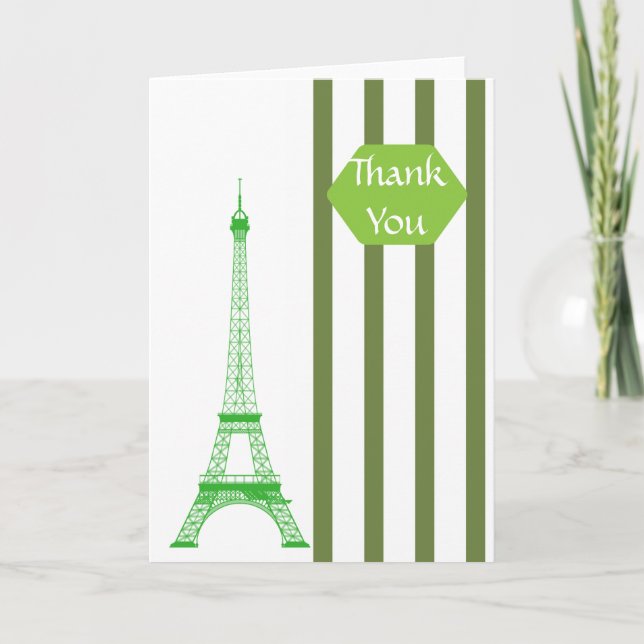 Paris Eiffel Tower Green Stripes Thank You Card (Front)