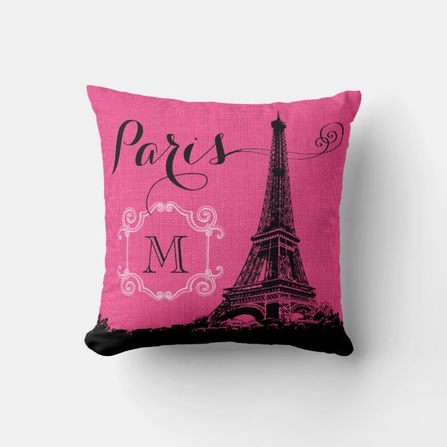 Paris Eiffel Tower Hot Pink Monogram Throw Pillow (Front)