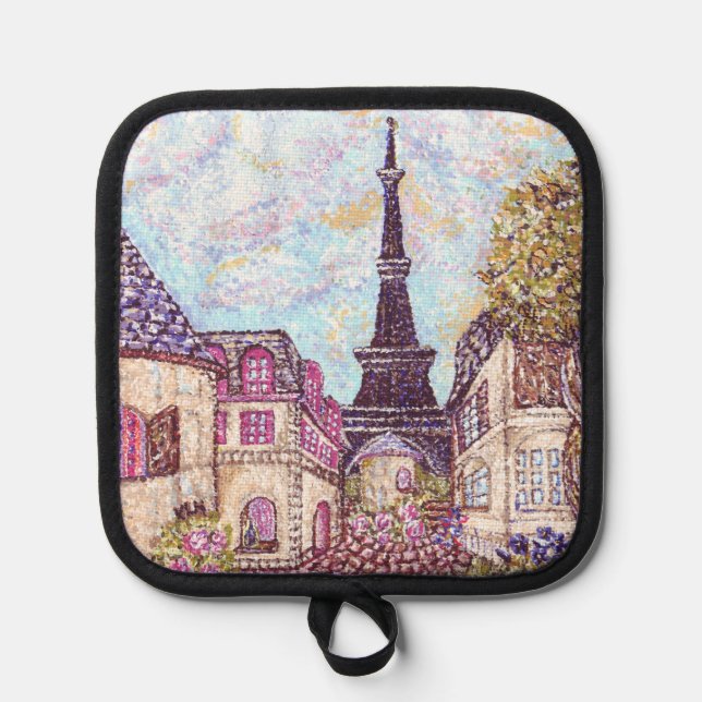 Paris Eiffel Tower Inspired Landscape Pointillism Pot Holder (Front)