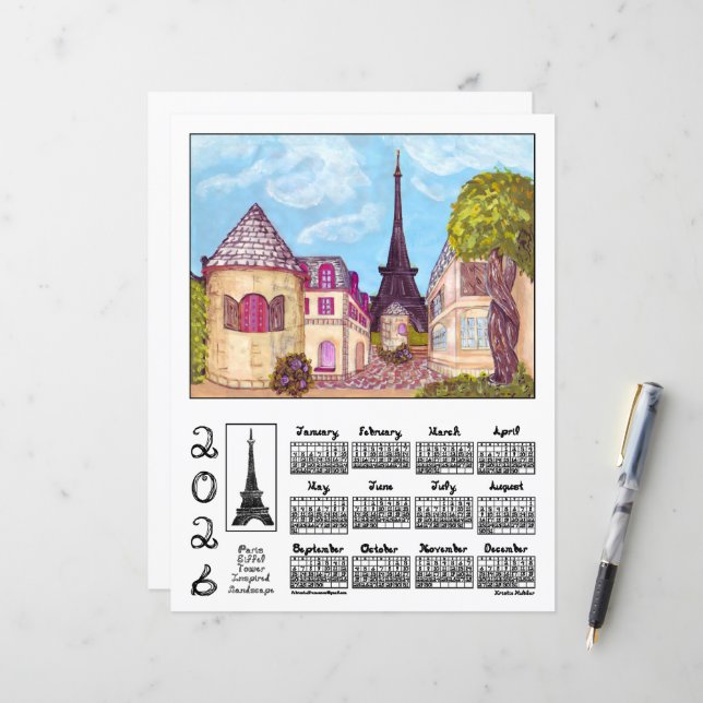 Paris Eiffel Tower Landscape 2026 Calendar Paper (Front/Back In Situ)