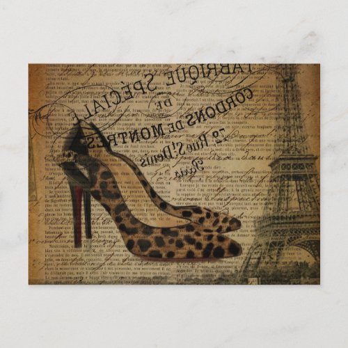 paris eiffel tower leopard stiletto fashionista postcard