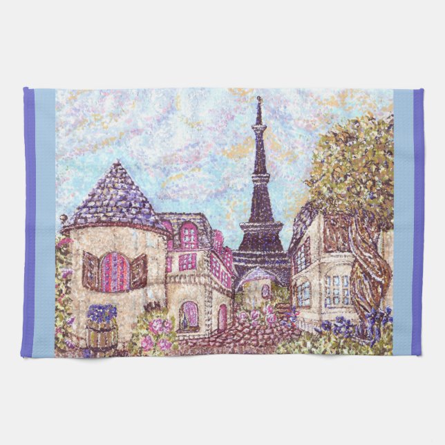 Paris Eiffel Tower like pointillism kitchen towel (Horizontal)