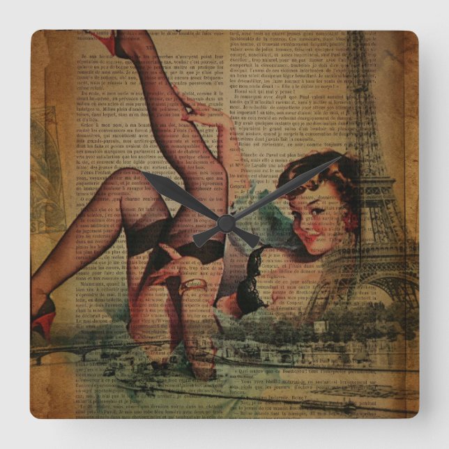 Paris Eiffel Tower lingerie retro fashionista Square Wall Clock (Front)