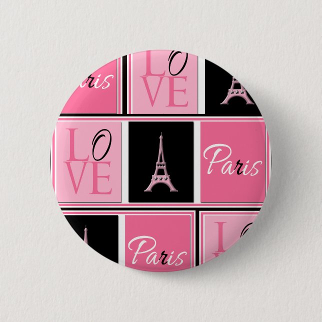 Paris Eiffel Tower Love Pink Black Pinback Button (Front)