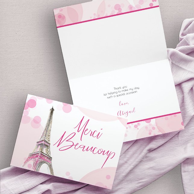 Paris Eiffel Tower Merci Beaucoup Pink White Thank You Card (Merci Beaucoup French Eiffel Tower Thank You Card)