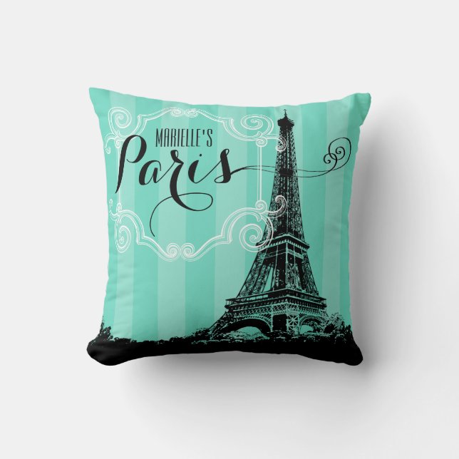 Paris Eiffel Tower Monogram Seafoam Green Stripes Throw Pillow (Front)