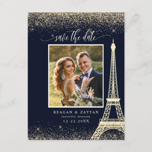 Paris Eiffel Tower Navy Gold Photo Save The Date Announcement Postcard