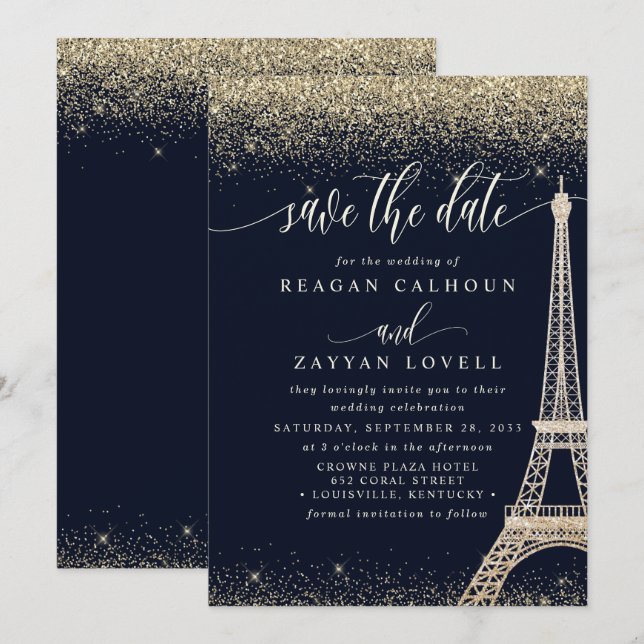 Paris Eiffel Tower Navy Gold Save The Date Card (Front/Back)