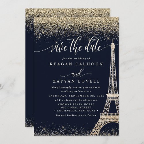 Paris Eiffel Tower Navy Gold Save The Date Card