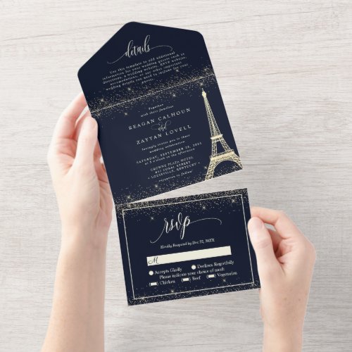 Wedding Invitations 14 Paris Eiffel Tower Navy Gold Sparkle Wedding All I All In One Invitation