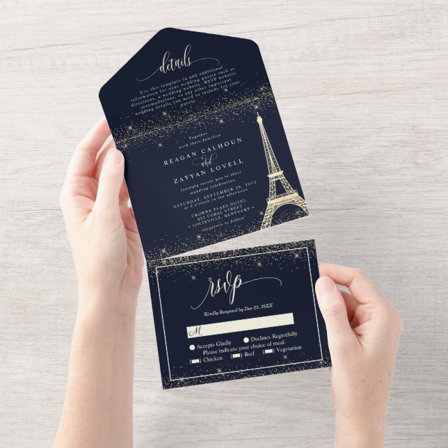 Paris Eiffel Tower Navy Gold Sparkle Wedding All I In One Invitation (Tearaway)