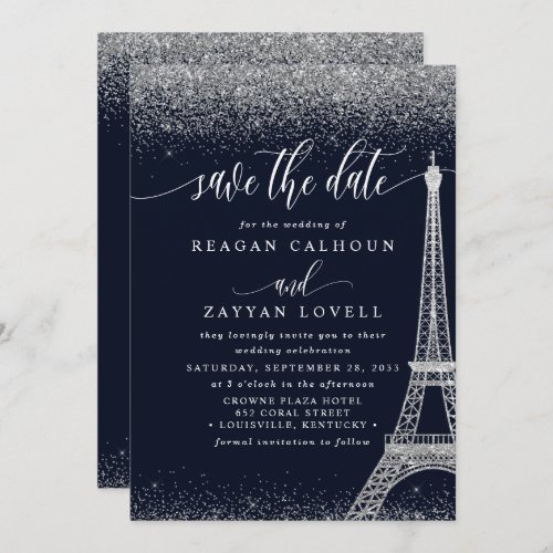 Paris Eiffel Tower Navy Silver Save The Date Card