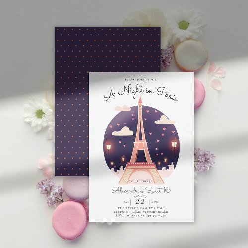Paris Eiffel Tower Night Pink Hearts Cute Sweet 16 Invitation
