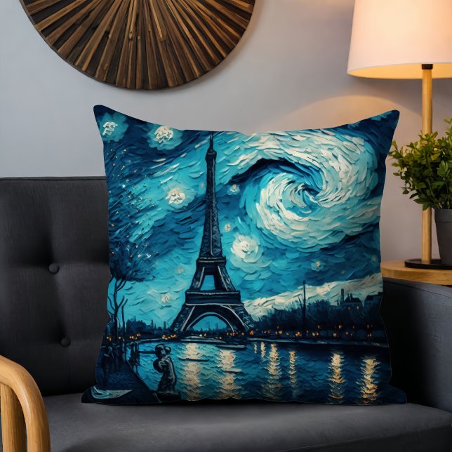 Paris Eiffel Tower Painted Starry Night Blue Throw Pillow (Creator Uploaded)
