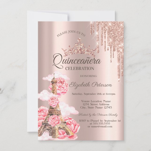 Paris Eiffel Tower,Peonies Drip  Quinceañera  Invitation (Front)
