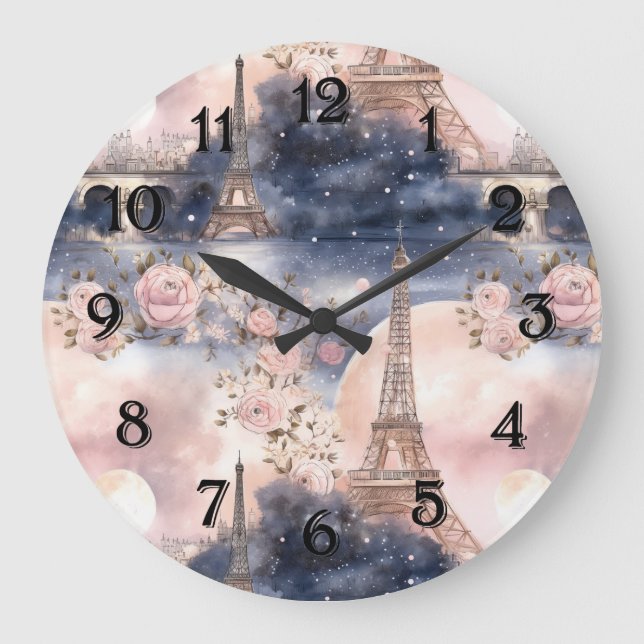 Paris Eiffel Tower Pink Blue Floral Large Clock (Front)