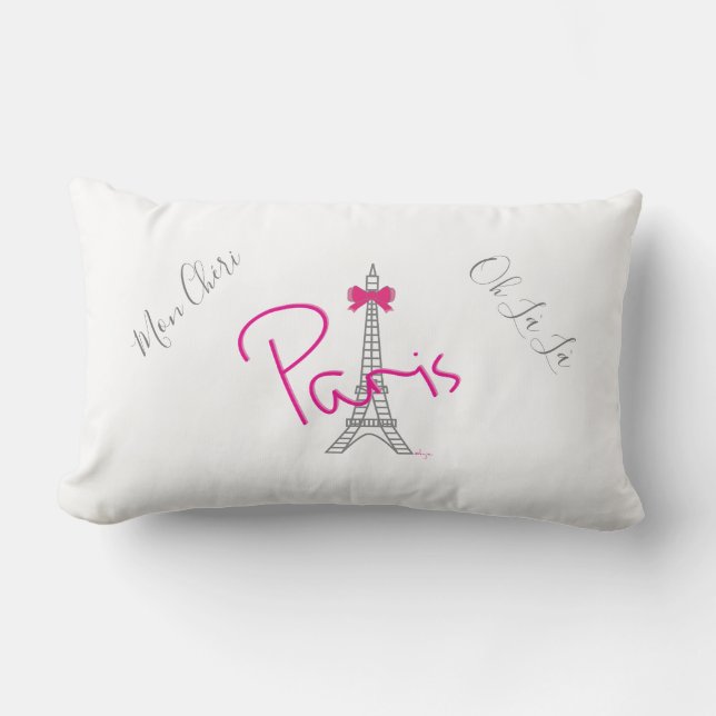 Paris, Eiffel Tower Pink Bow French Modern White Lumbar Pillow (Front)