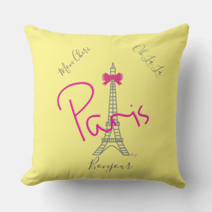 Paris, Eiffel Tower Pink Bow French Modern Yellow Throw Pillow