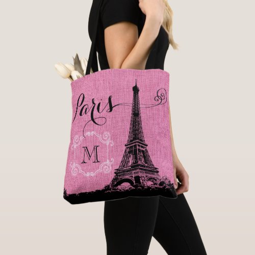 Paris Eiffel Tower Pink Burlap Monogram Tote Bag