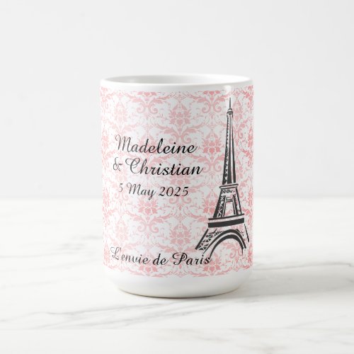 Paris Eiffel Tower Pink Damask Custom Wedding Coffee Mug