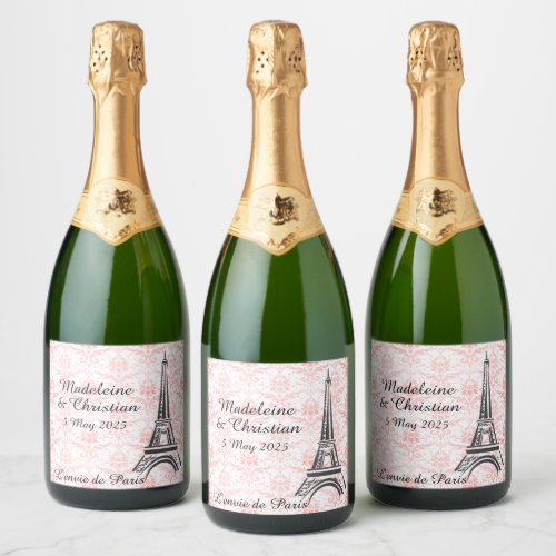 Paris Eiffel Tower Pink Damask Custom Wedding Sparkling Wine Label