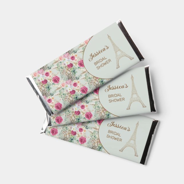 Paris Eiffel Tower Pink Floral Mint Bridal Shower  Hershey Bar Favors (Front)