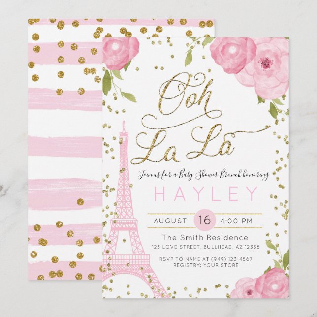 Paris Eiffel Tower Pink Gold Baby Shower Invitation (Front/Back)