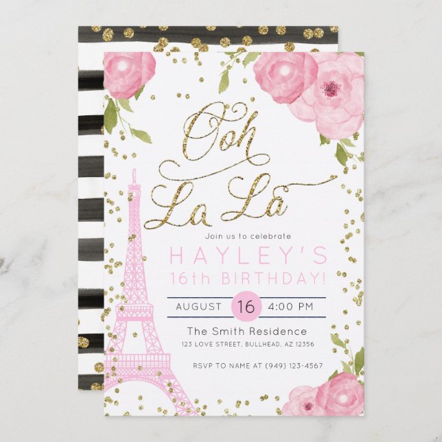 Paris Eiffel Tower Pink Gold Birthday Invite (Front/Back)