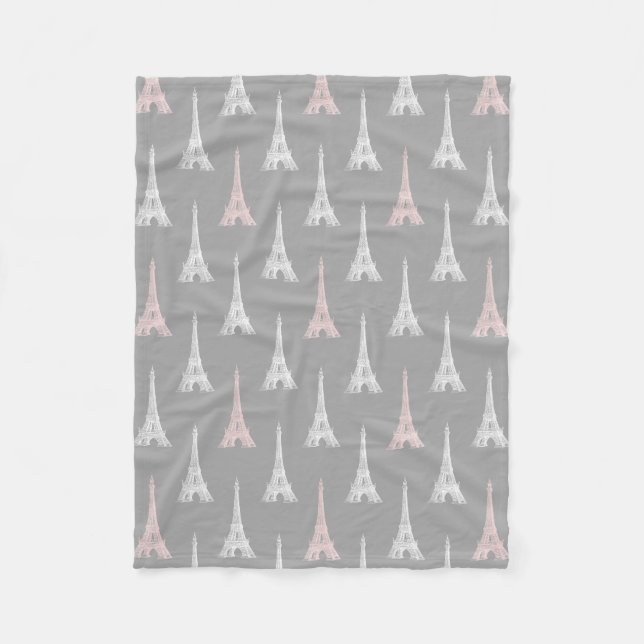 Paris Eiffel Tower PInk Gray Fleece Blanket (Front)