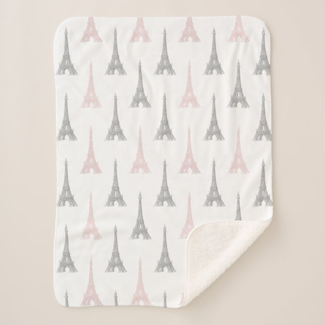 Paris Eiffel Tower Pink Gray White Sherpa Blanket (Front)