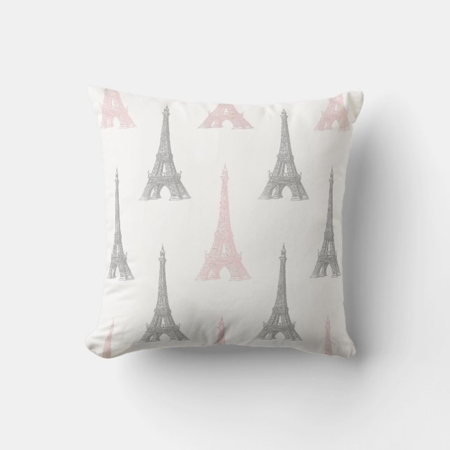 Paris Eiffel Tower Pink Gray White Throw Pillow (Front)